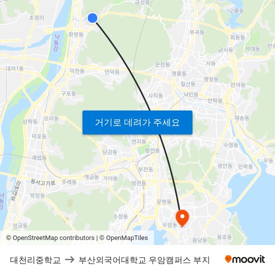 대천리중학교 to 부산외국어대학교 우암캠퍼스 부지 map