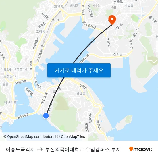 이송도곡각지 to 부산외국어대학교 우암캠퍼스 부지 map