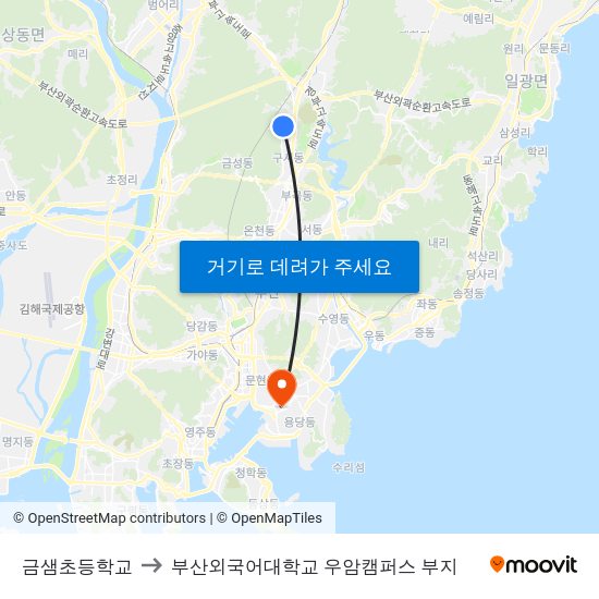 금샘초등학교 to 부산외국어대학교 우암캠퍼스 부지 map
