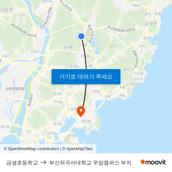 금샘초등학교 to 부산외국어대학교 우암캠퍼스 부지 map