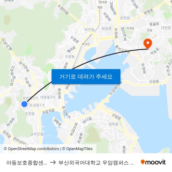 아동보호종합센터 to 부산외국어대학교 우암캠퍼스 부지 map