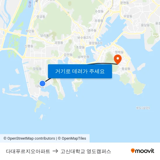 다대푸르지오아파트 to 고신대학교 영도캠퍼스 map