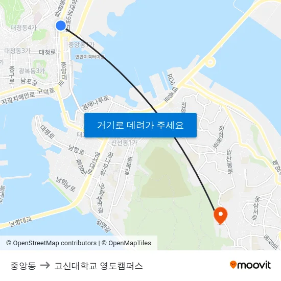 중앙동 to 고신대학교 영도캠퍼스 map