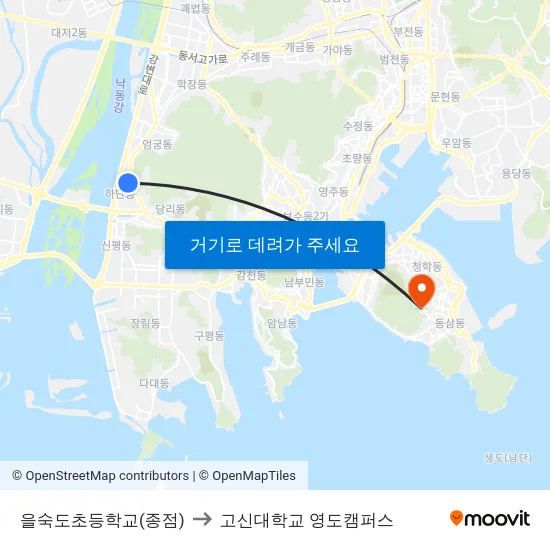 을숙도초등학교(종점) to 고신대학교 영도캠퍼스 map