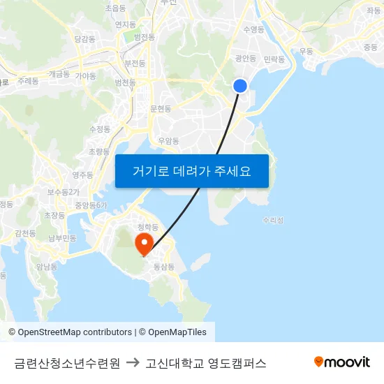 금련산청소년수련원 to 고신대학교 영도캠퍼스 map