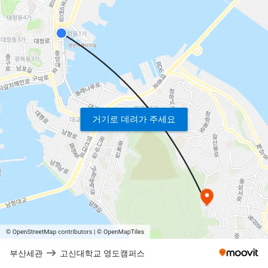 부산세관 to 고신대학교 영도캠퍼스 map