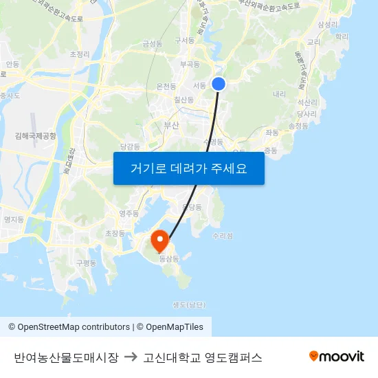 반여농산물도매시장 to 고신대학교 영도캠퍼스 map