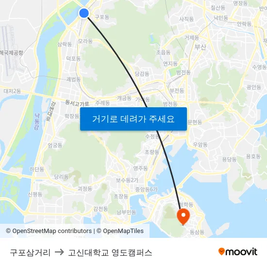 구포삼거리 to 고신대학교 영도캠퍼스 map