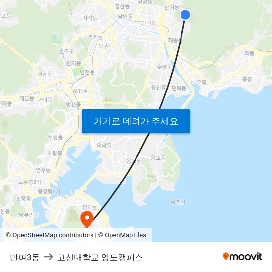 반여3동 to 고신대학교 영도캠퍼스 map