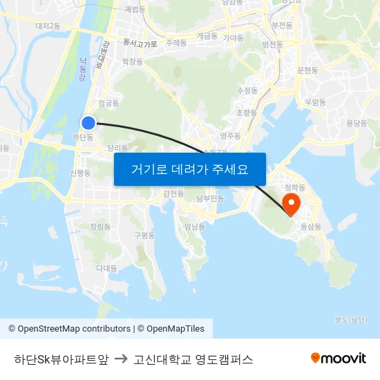 하단Sk뷰아파트앞 to 고신대학교 영도캠퍼스 map
