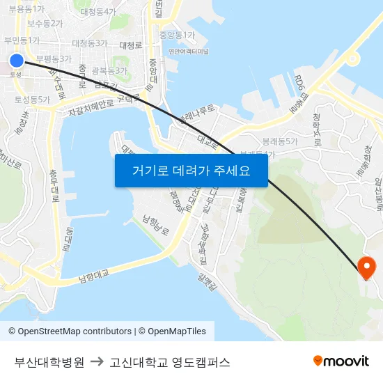 부산대학병원 to 고신대학교 영도캠퍼스 map