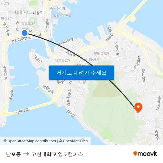 남포동 to 고신대학교 영도캠퍼스 map