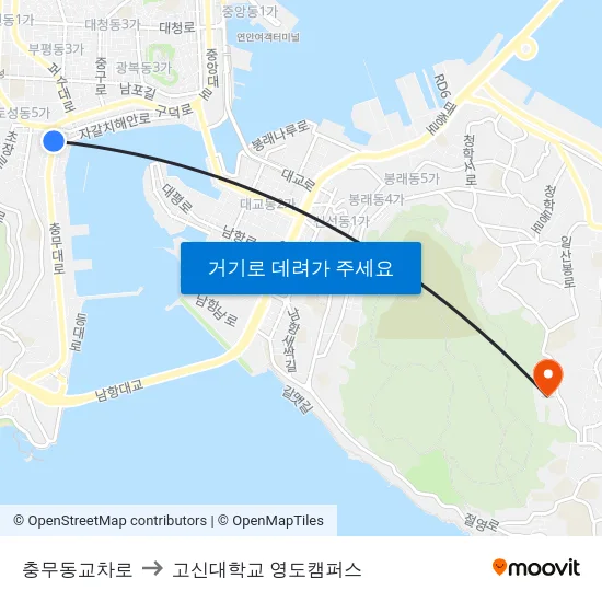 충무동교차로 to 고신대학교 영도캠퍼스 map