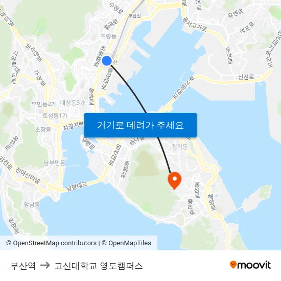 부산역 to 고신대학교 영도캠퍼스 map