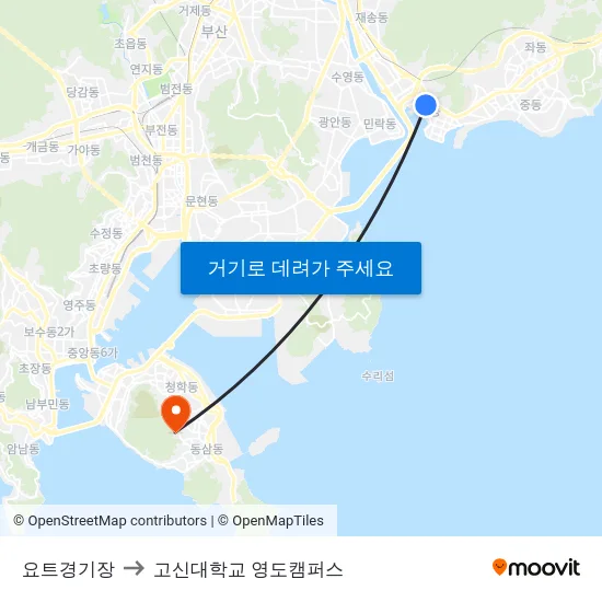 요트경기장 to 고신대학교 영도캠퍼스 map