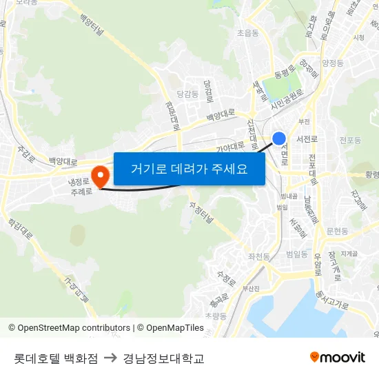 롯데호텔 백화점 to 경남정보대학교 map