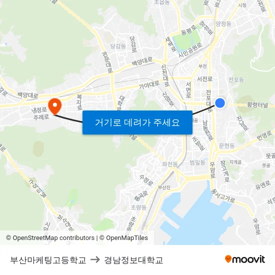 부산마케팅고등학교 to 경남정보대학교 map