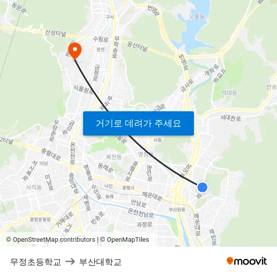 무정초등학교 to 부산대학교 map