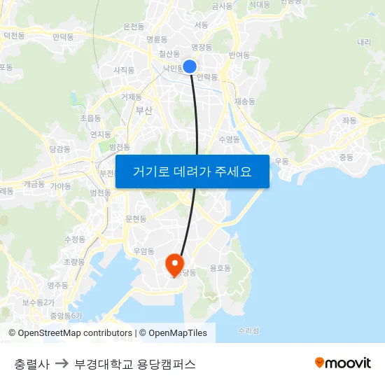 충렬사 to 부경대학교 용당캠퍼스 map