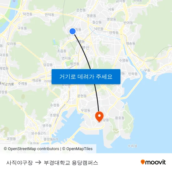 사직야구장 to 부경대학교 용당캠퍼스 map