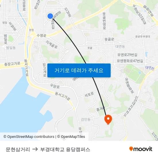 문현삼거리 to 부경대학교 용당캠퍼스 map