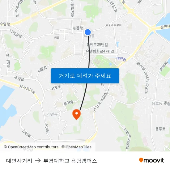 대연사거리 to 부경대학교 용당캠퍼스 map