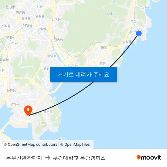 동부산관광단지 to 부경대학교 용당캠퍼스 map