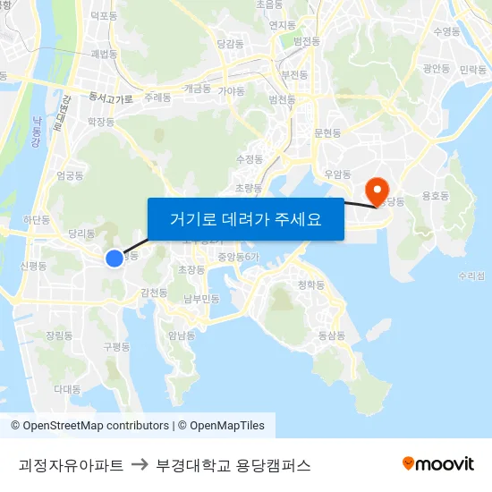 괴정자유아파트 to 부경대학교 용당캠퍼스 map