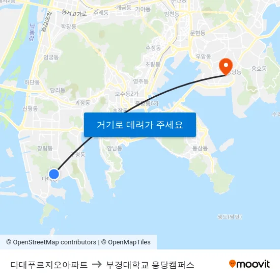 다대푸르지오아파트 to 부경대학교 용당캠퍼스 map