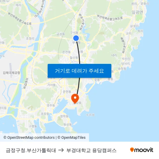금정구청.부산가톨릭대 to 부경대학교 용당캠퍼스 map
