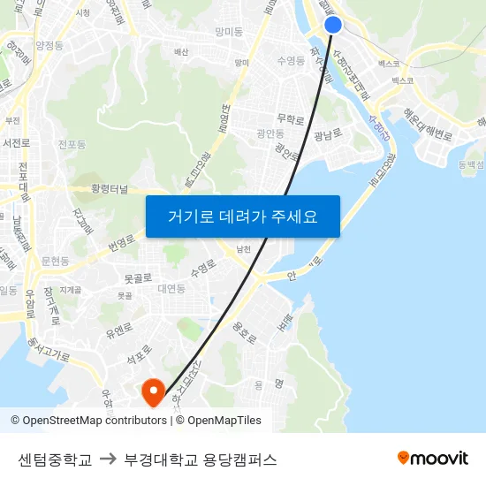 센텀중학교 to 부경대학교 용당캠퍼스 map