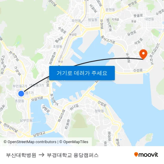 부산대학병원 to 부경대학교 용당캠퍼스 map