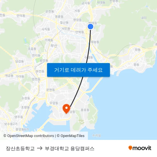 장산초등학교 to 부경대학교 용당캠퍼스 map
