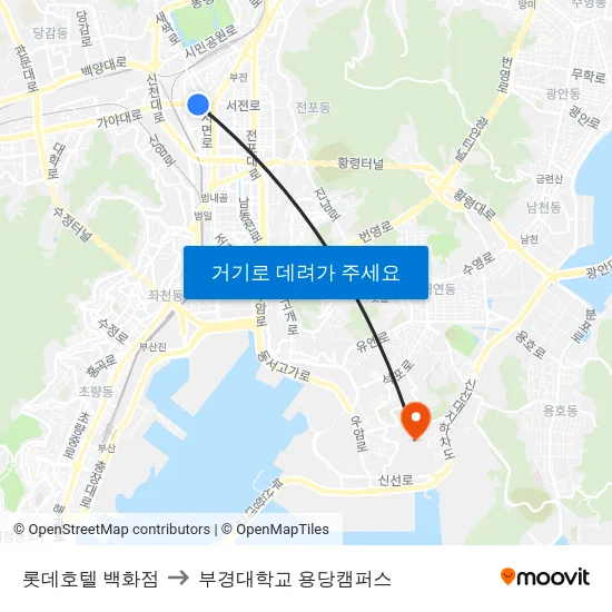 롯데호텔 백화점 to 부경대학교 용당캠퍼스 map