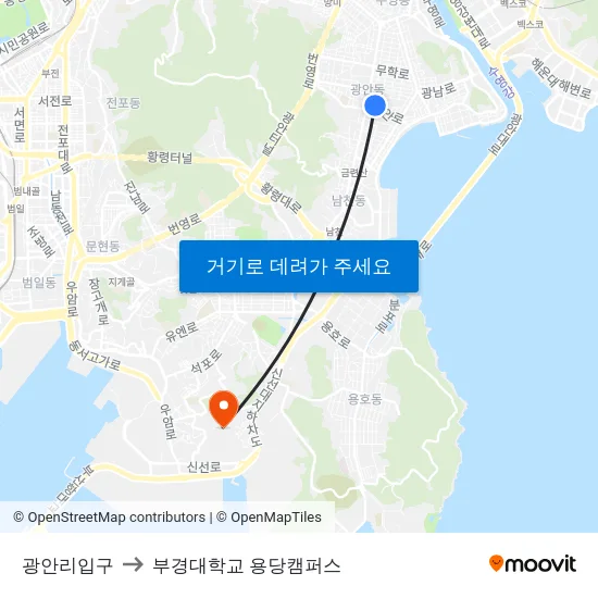 광안리입구 to 부경대학교 용당캠퍼스 map