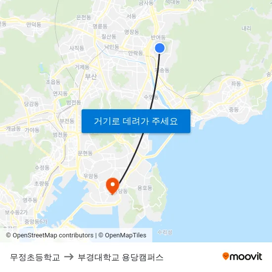무정초등학교 to 부경대학교 용당캠퍼스 map