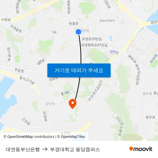대연동부산은행 to 부경대학교 용당캠퍼스 map