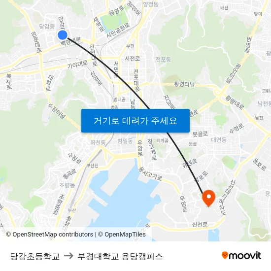 당감초등학교 to 부경대학교 용당캠퍼스 map