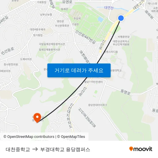 대천중학교 to 부경대학교 용당캠퍼스 map