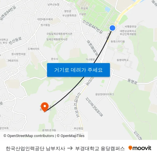 한국산업인력공단 남부지사 to 부경대학교 용당캠퍼스 map