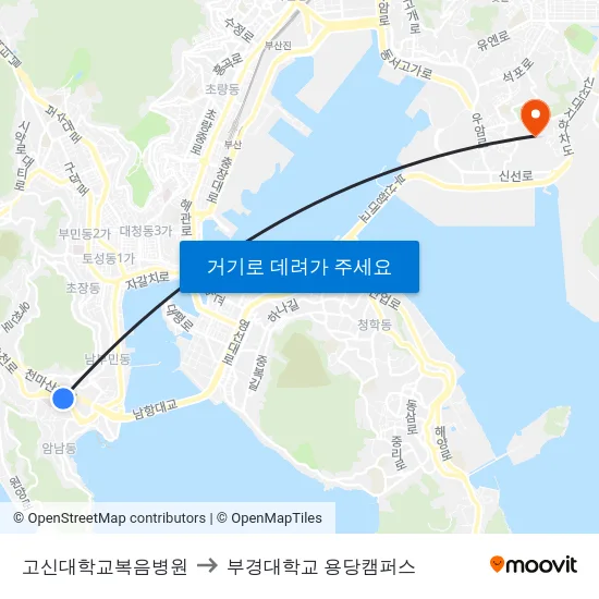 고신대학교복음병원 to 부경대학교 용당캠퍼스 map
