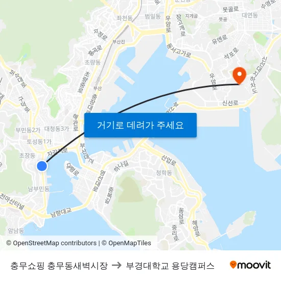 충무쇼핑 충무동새벽시장 to 부경대학교 용당캠퍼스 map