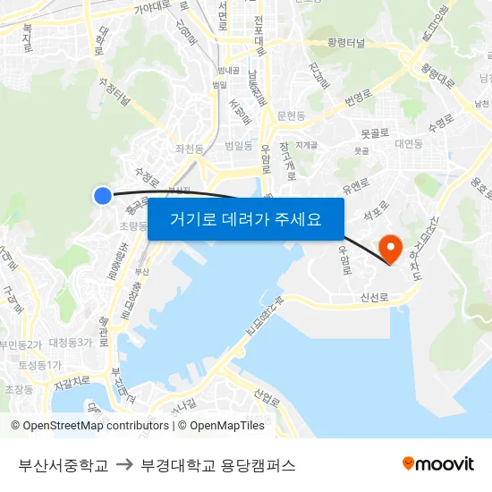 부산서중학교 to 부경대학교 용당캠퍼스 map