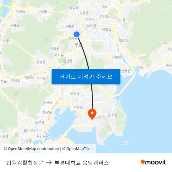 법원검찰청정문 to 부경대학교 용당캠퍼스 map
