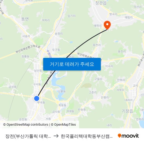 장전(부산가톨릭 대학교) to 한국폴리텍대학동부산캠퍼스 map