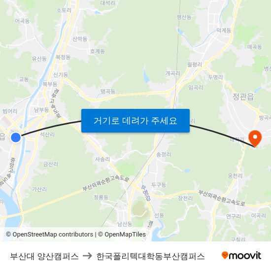 부산대 양산캠퍼스 to 한국폴리텍대학동부산캠퍼스 map