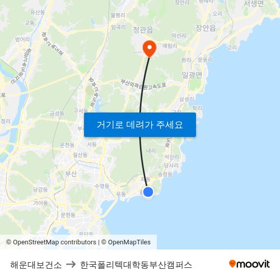 해운대보건소 to 한국폴리텍대학동부산캠퍼스 map