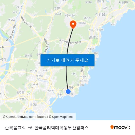 순복음교회 to 한국폴리텍대학동부산캠퍼스 map