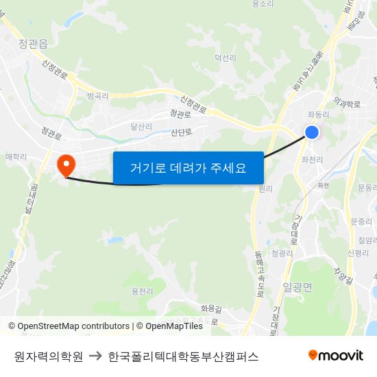 원자력의학원 to 한국폴리텍대학동부산캠퍼스 map