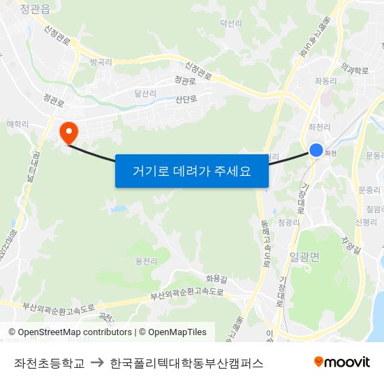 좌천초등학교 to 한국폴리텍대학동부산캠퍼스 map